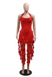 Red Sexy Solid Color Fringed Trim Backless Halter Wrapped Skirt Dresses