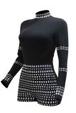 Black Sexy Party Nightclub Hot Drilling Patchwork Half A Turtleneck Skinny Rompers