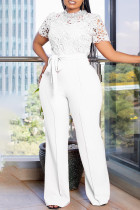 White Celebrities Lace Strap Design Patchwork O Neck Regular Jumpsuits