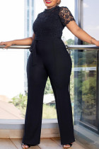 Black Celebrities Lace Strap Design Patchwork O Neck Regular Jumpsuits