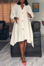 White Casual Solid Color Buckle Slit Patchwork V Neck Irregular Plus Size Dresses