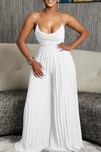 White Celebrities Solid Color Backless Ruched Patchwork Halter Loose Jumpsuits