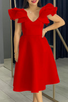 Red Celebrities Solid Color Ruffle Patchwork V Neck A Line Dresses