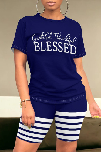Dark Blue White Casual Daily Skull Finger Letter Print Stripe O Neck Short Sleeve Two Pieces