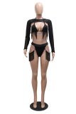 Black Sexy Solid Color Fringed Trim Lace Up Backless Halter Long Sleeve Three Piece Set