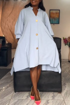 Light Blue Casual Solid Color Buckle Slit Patchwork V Neck Irregular Plus Size Dresses