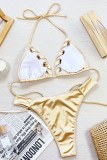 Yellow Sportswear Solid Color Hollow Out Backless Strap Design Patchwork Swimwears(With Paddings)