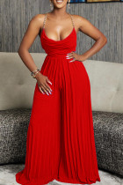 Red Celebrities Solid Color Backless Ruched Patchwork Halter Loose Jumpsuits