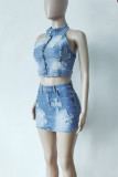 Light Blue Sexy Solid Color Pocket Buttons Zipper Patchwork Zipper Collar Sleeveless Two Pieces