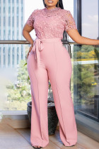 Pink Celebrities Lace Strap Design Patchwork O Neck Regular Jumpsuits