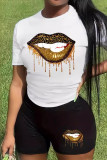 White Casual Print Patchwork O Neck Short Sleeve Two Pieces