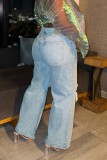 Light Blue Casual Daily Solid Color Ripped High Waist Straight Denim Jeans
