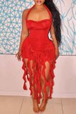 Red Sexy Solid Color Fringed Trim Backless Halter Wrapped Skirt Dresses
