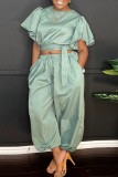 Black Casual Solid Color Lace Up O Neck Short Sleeve Two Pieces
