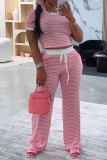 Red Casual Daily Striped Print Pocket Patchwork O Neck Short Sleeve Two Pieces