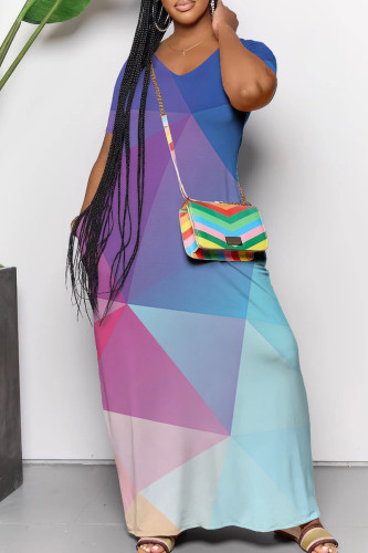 Blue Casual Geometric Print Pocket Patchwork V Neck Straight Dresses