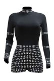 Black Sexy Party Nightclub Hot Drilling Patchwork Half A Turtleneck Skinny Rompers