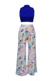 Colorful Blue Casual Print Hollow Out Half A Turtleneck Sleeveless Two Pieces