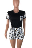 Black Casual Leopard Print Pocket Patchwork O Neck Short Sleeve Two Pieces
