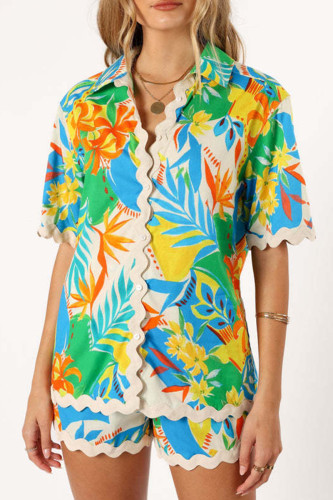 Green Casual Print Buckle Patchwork Turndown Collar Half Sleeve Two Pieces