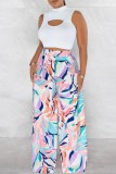Colorful Blue Casual Print Hollow Out Half A Turtleneck Sleeveless Two Pieces