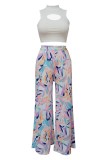 Colorful Blue Casual Print Hollow Out Half A Turtleneck Sleeveless Two Pieces