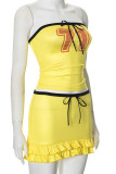 Yellow Sexy Digital Strap Design Patchwork Strapless Sleeveless Two Pieces