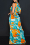 Pink Celebrities Print High Slit Ruched Patchwork Oblique Collar Long Dresses