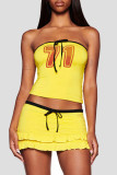 Yellow Sexy Digital Strap Design Patchwork Strapless Sleeveless Two Pieces