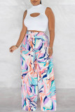 Colorful Blue Casual Print Hollow Out Half A Turtleneck Sleeveless Two Pieces