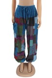 Blue Casual Irregular Printed Pocket Patchwork Regular High Waist Full Print Trousers