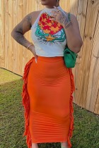 Orange Casual Fringed Trim Lace Up Backless Halter Sleeveless Two Pieces