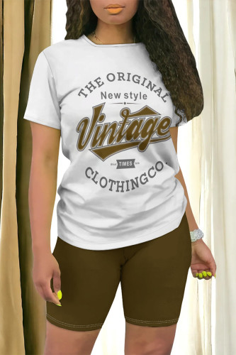 White Brown Casual Cartoon Print Letter Print O Neck Short Sleeve Two Pieces
