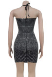 Black Sexy Hollow Out Backless Hot Drill Patchwork Spaghetti Strap Wrapped Skirt Dresses