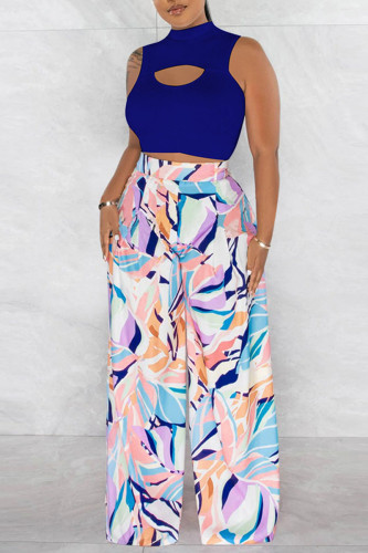 Colorful Blue Casual Print Hollow Out Half A Turtleneck Sleeveless Two Pieces