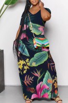Turquoise Casual Street Floral Print Pocket Contrast V Neck Printed Dresses