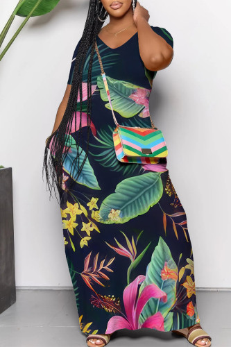 Turquoise Casual Street Floral Print Pocket Contrast V Neck Printed Dresses