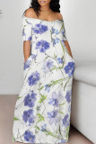 Purplish Blue Casual Daily Floral Print Pocket Off Shoulder Printed Dresses