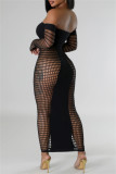Black Sexy Solid Color Hollow Out See-Through Backless Off Shoulder Long Dresses