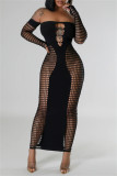 Black Sexy Solid Color Hollow Out See-Through Backless Off Shoulder Long Dresses