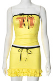 Yellow Sexy Digital Strap Design Patchwork Strapless Sleeveless Two Pieces