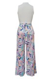 Colorful Blue Casual Print Hollow Out Half A Turtleneck Sleeveless Two Pieces
