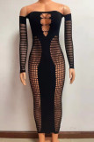 Black Sexy Solid Color Hollow Out See-Through Backless Off Shoulder Long Dresses