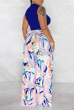 Colorful Blue Casual Print Hollow Out Half A Turtleneck Sleeveless Two Pieces