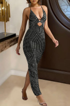 Black Celebrities Hollow Out Backless Slit Hot Drill Patchwork Spaghetti Strap Long Dresses