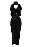 Green Sexy Solid Color Backless Slit Halter Sleeveless Two Pieces