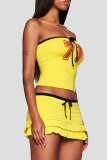 Yellow Sexy Digital Strap Design Patchwork Strapless Sleeveless Two Pieces