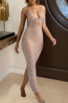 Apricot Celebrities Hollow Out Backless Slit Hot Drill Patchwork Spaghetti Strap Long Dresses
