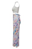 Colorful Blue Casual Print Hollow Out Half A Turtleneck Sleeveless Two Pieces