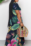 Turquoise Casual Street Floral Print Pocket Contrast V Neck Printed Dresses